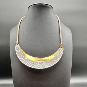 Vintage 18KT Gold‎ Plated Hammered Silver Tone Crescent Bib Necklace 16"